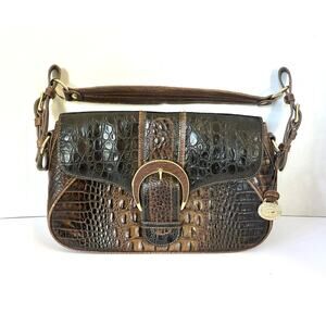 Brahmin Croc-Embossed Leather Large Buckle Flap Shoulder Bag Brown